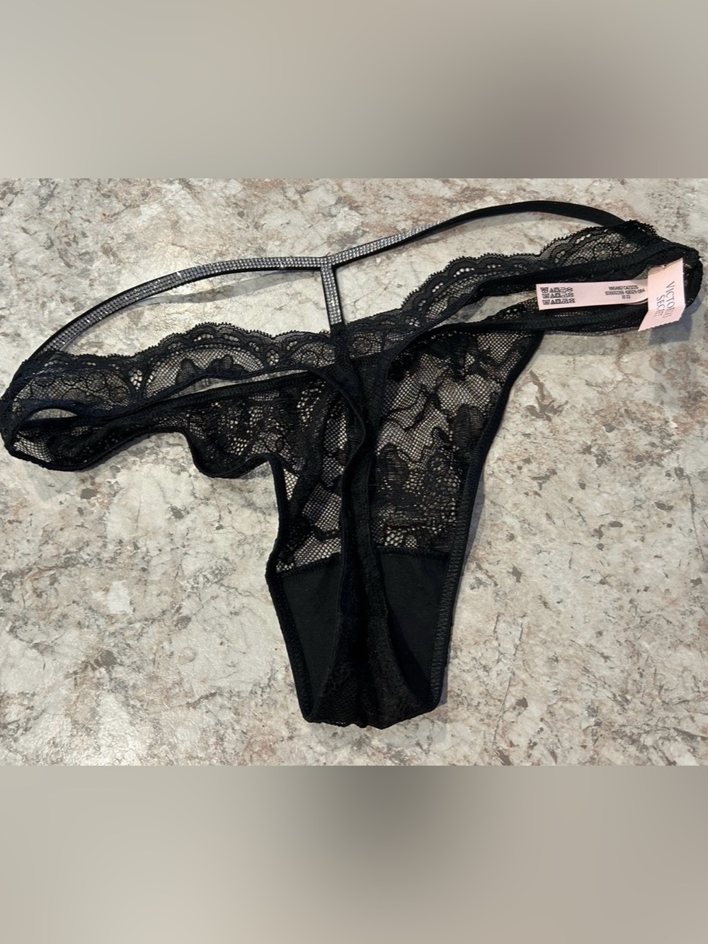 VS Shine Strap Back Lace Thong Panty Black Large NWT